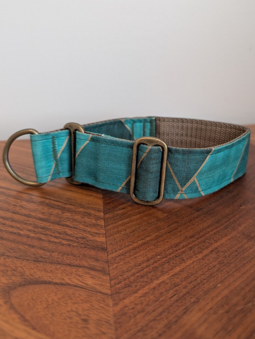 Handmade Small Martingale Dog Collar | Teal & Brass | Adjustable 8"-12"